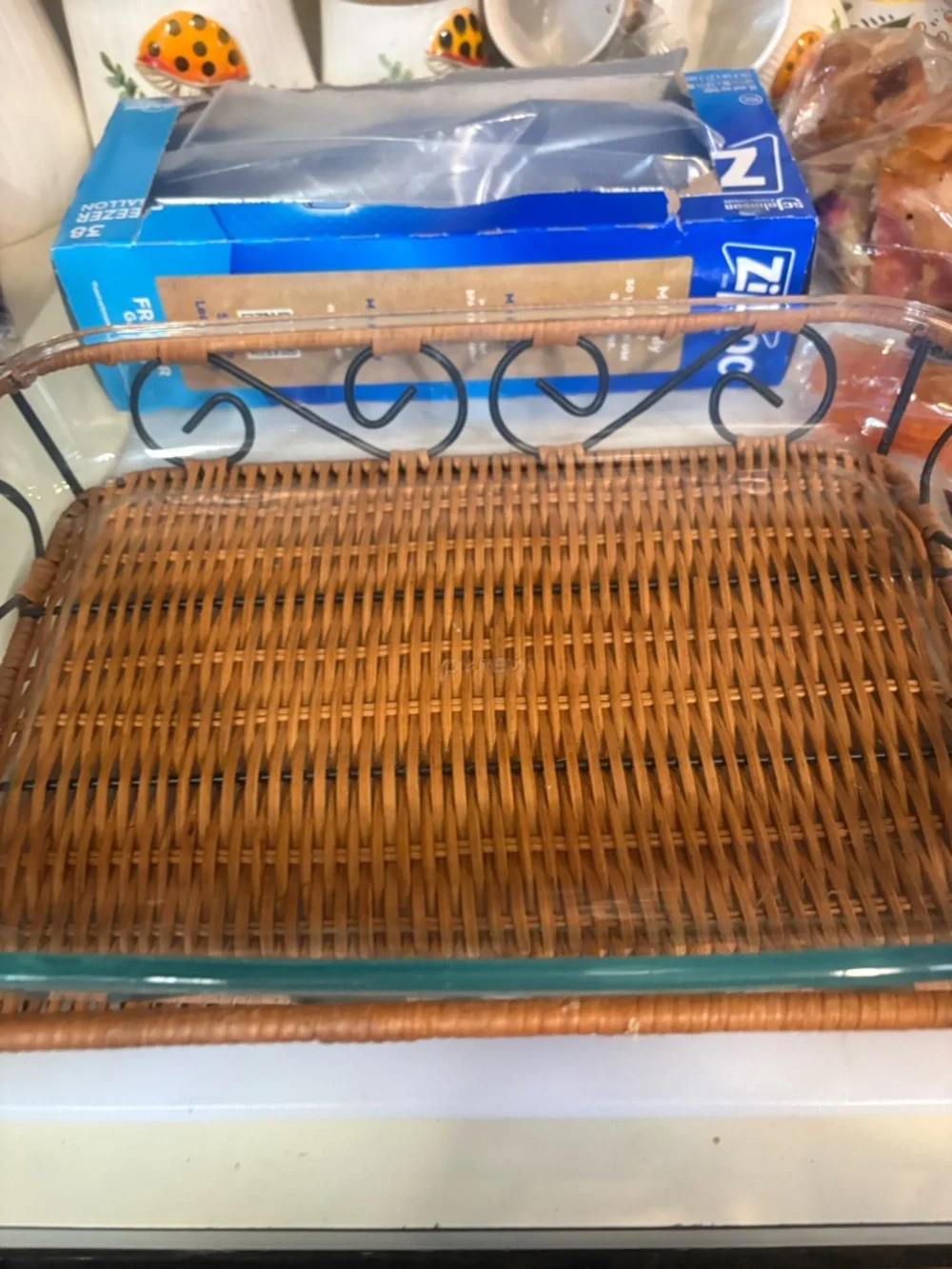 Woven Rattan and Glass Serving Dish - Brown